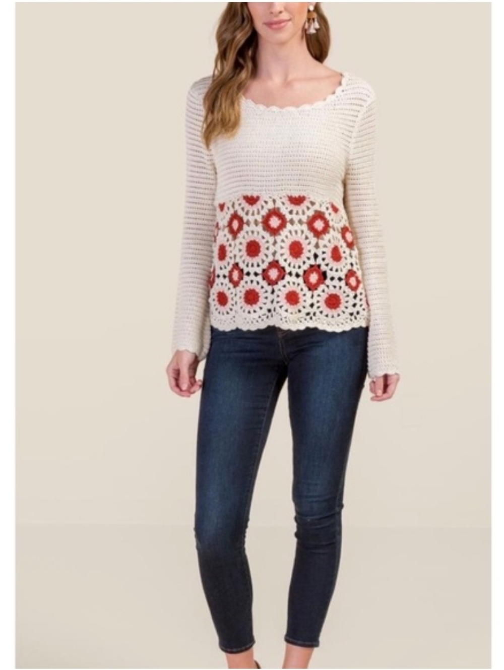 Francesca's Top Size M Cream Crochet Alya Long Sleeve Knit Floral Boho Retro